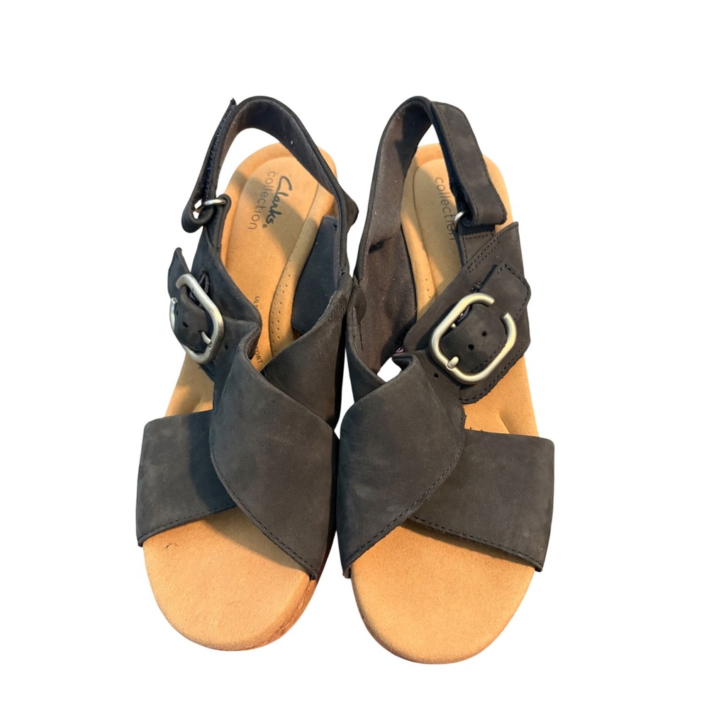 Clarks Giselle Dove Wedge Sandals Navy Nubuck Women's Size 9.5W Comfort Cork - Picture 3 of 7